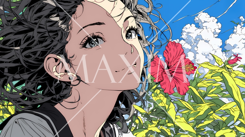 ハイビスカスと若い女性