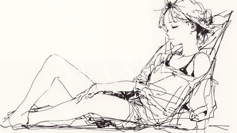 一人旅の若い女性と夏のビーチの風景（シンプルな色使い）