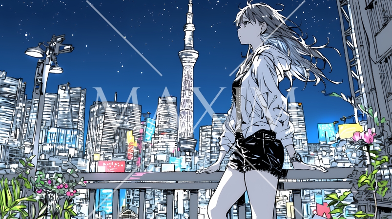 都市のランドスケープを眺めている若い女性