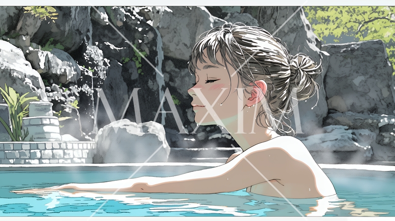 露天風呂に浸かっている若い女性