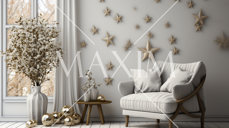 クリスマスツリー飾りのある白基調の居間