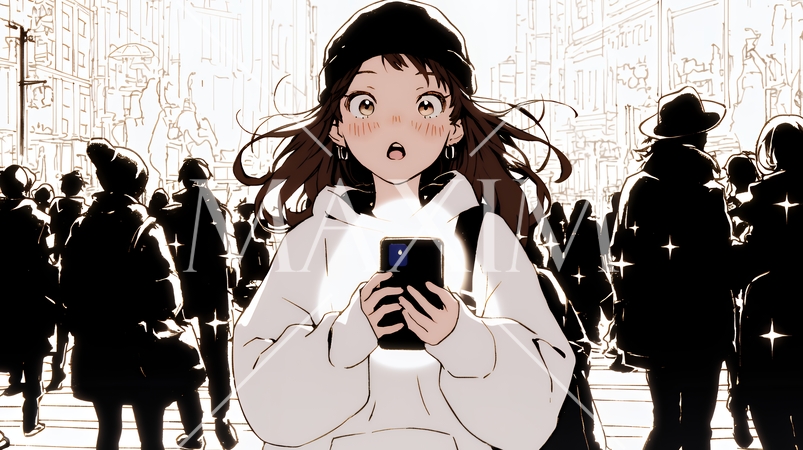 スマホの画面を見て驚いている若い女性（シンプルな色使い）