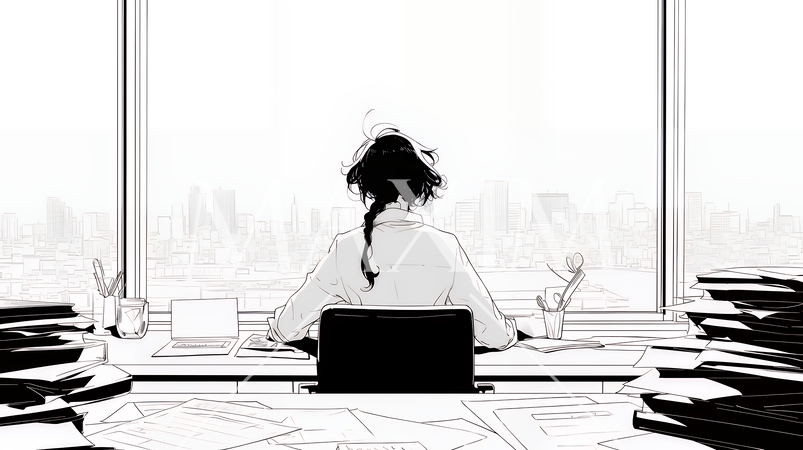 仕事が山積みにビジネスパーソン（シンプルな色使い）