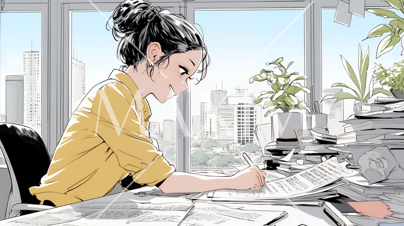 オフィスのデスクで、入念に書類をチェックする女性