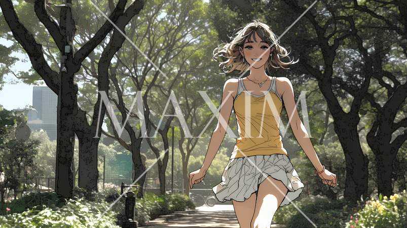 喜びにあふれ、軽やかにスキップする若い女性