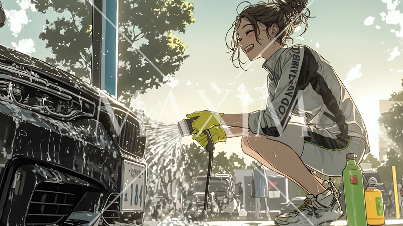 晴れた日に洗車をする若い女性｜青空と水しぶきの爽やかなライフスタイルシーン