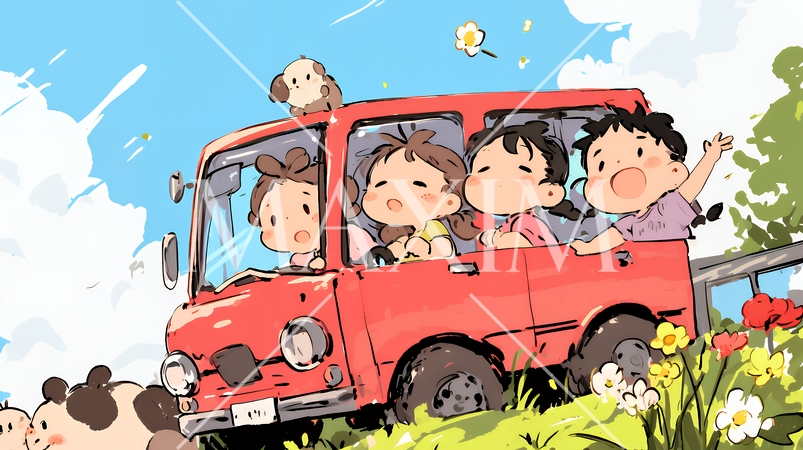 小学生の夏の思い出：ドライブ（クレヨン＋水彩画風）