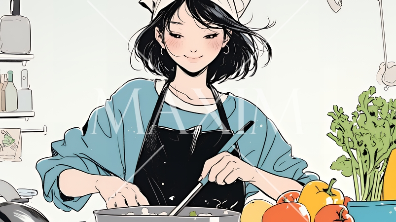 なれない料理に奮闘中の若い女性