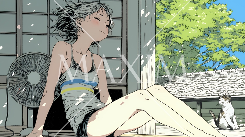 暑い夏の昼下がり、扇風機にあたって涼んでいる若い女性