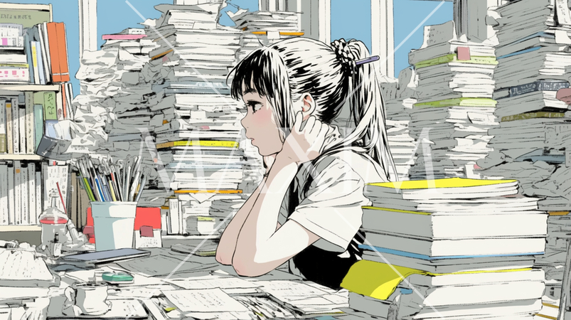 膨大な資料に取り囲まれて黙々と作業をしている若い女性