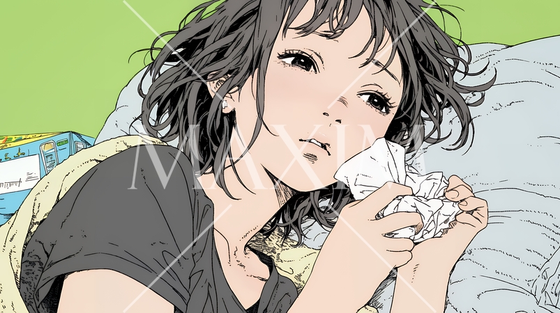 風邪でぐったりと寝込む、一人暮らしの女性