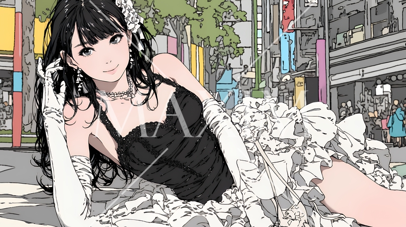 ハロウィン：ゴシックロリータファッションで町を歩く若い女性