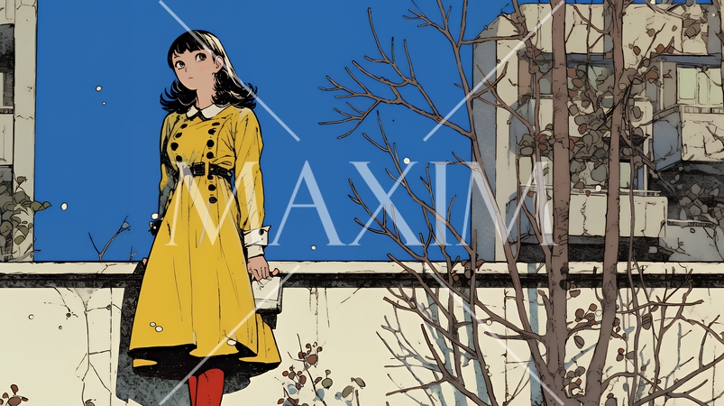 冬枯れの街を歩く若い女性