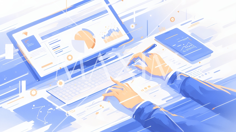 資料作成しているビジネスパーソン：レポート、プレゼンテーション資料の作成。