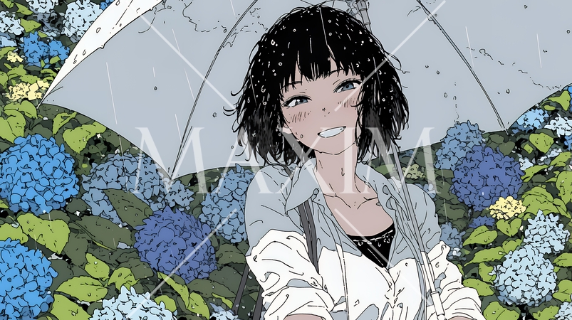 アジサイと梅雨の長雨と若い女性