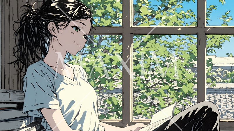 のんびり・ゆったり：窓辺でリラックスして本を読んでいる若い女性