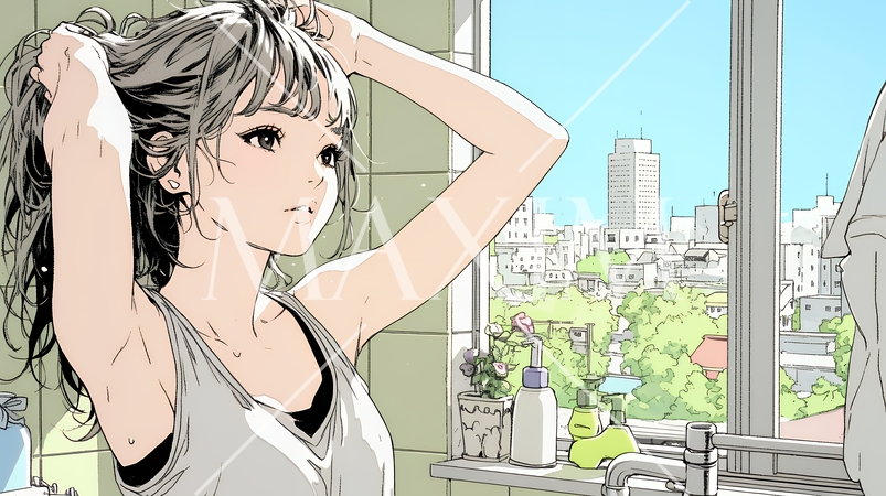 朝支度：洗面所で髪をまとめている若い女性