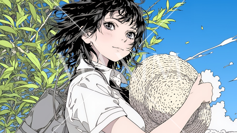 春風に飛ばされそうな帽子を、手で押さえる若い女性