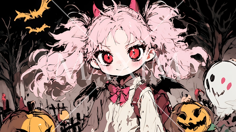 キモかわいいハロウィーンコスプレの女の子（クレヨンと水彩画風）