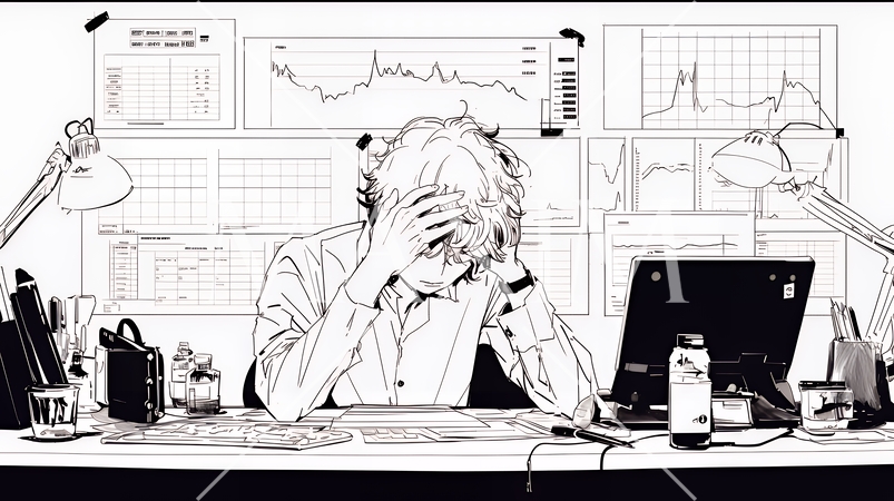 金融市場の急激な変動で頭を抱えている男性（シンプルな色使い）