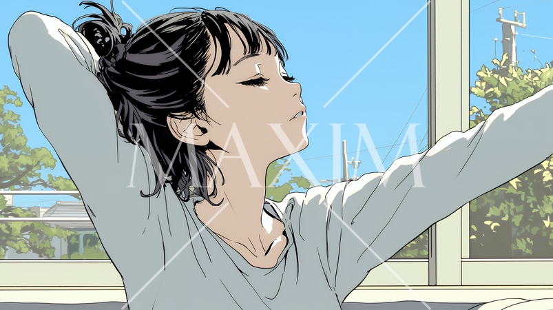 朝の目覚ましを止めて伸びをしている若い女性