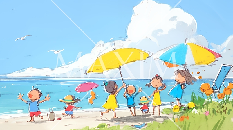 小学生の夏の思い出：海水浴（クレヨン＋水彩画風）