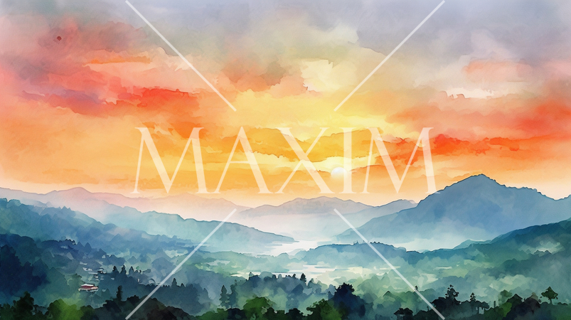 早朝の里山に朝焼けの中に朝靄が雲海のように広がっている。水彩画にした。