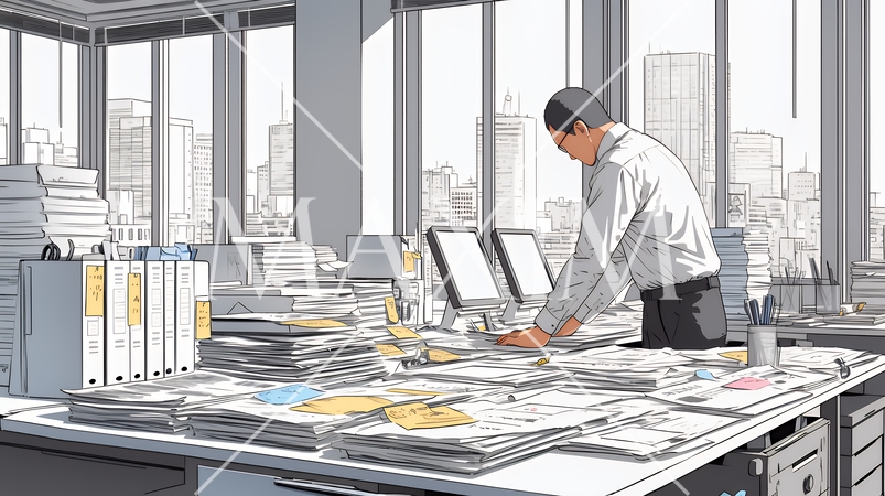 オフィスのデスクで、入念に書類をチェックする男性