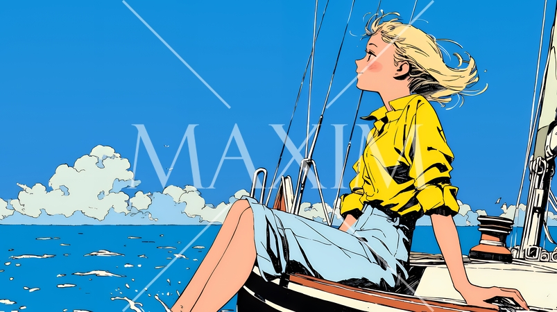 ヨットに乗っている若い女性
