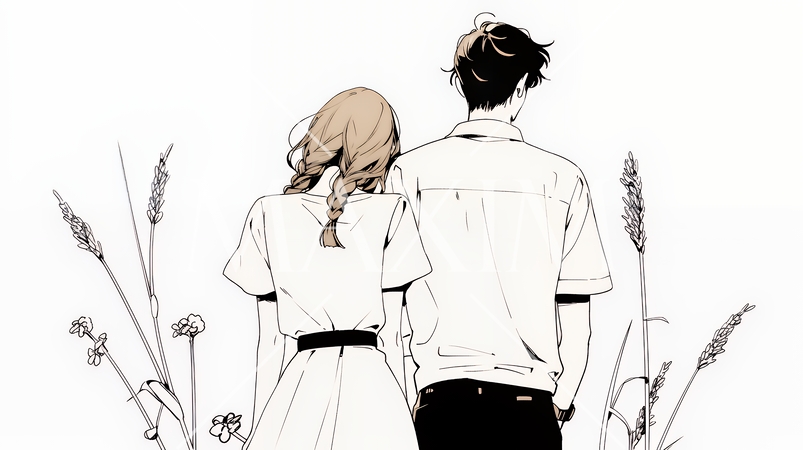 希望に満ちたライフスタイルを過ごす若いカップル：未来を見つめている（シンプルな色使い）