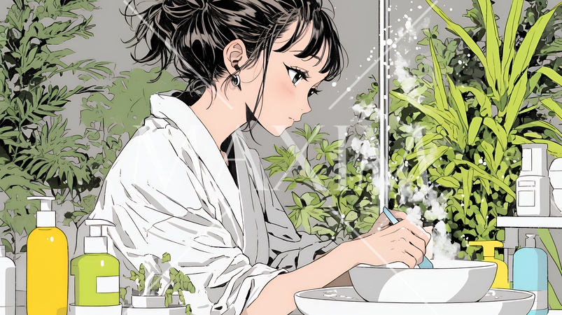 スキンケアを念入りに行う若い女性