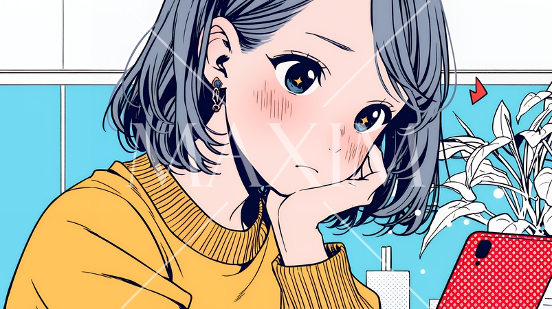 スマホでメールを読みながら唇を噛んでいる神経質な女性。表情には不安が漂っている。