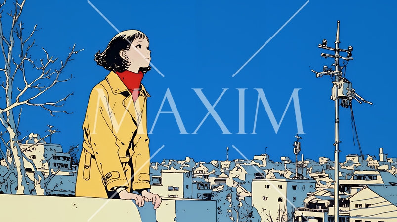 冬枯れの街を歩く若い女性