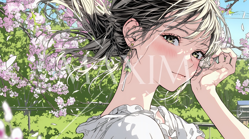 満開の桜の下、春風に乱れた髪を整える若い女性