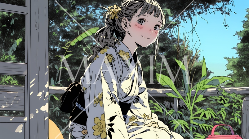 浴衣姿で夕涼みをしている若い女性