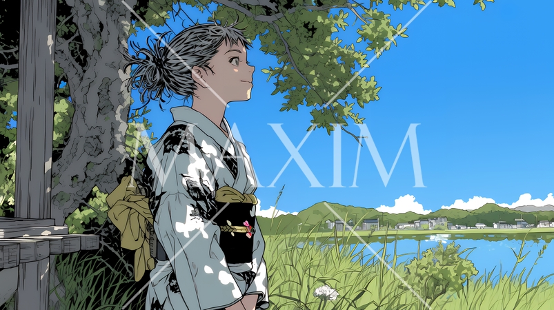 浴衣を着て水辺に立って遠くを眺めている若い女性