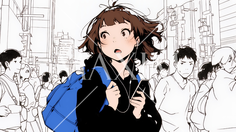 スマホの画面を見て驚いている若い女性（シンプルな色使い）