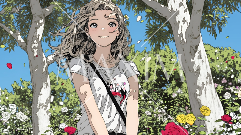 バラ園を散策している若い女性