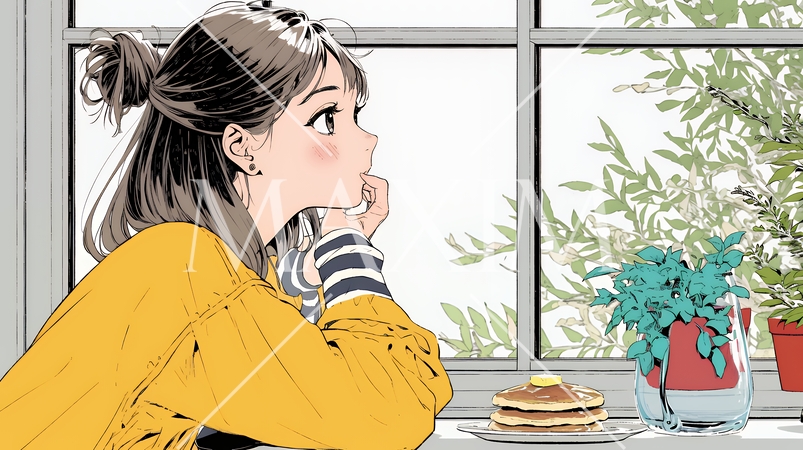 早朝のダイナー（喫茶店）でパンケーキ（モーニングセット）を食べる若い女性