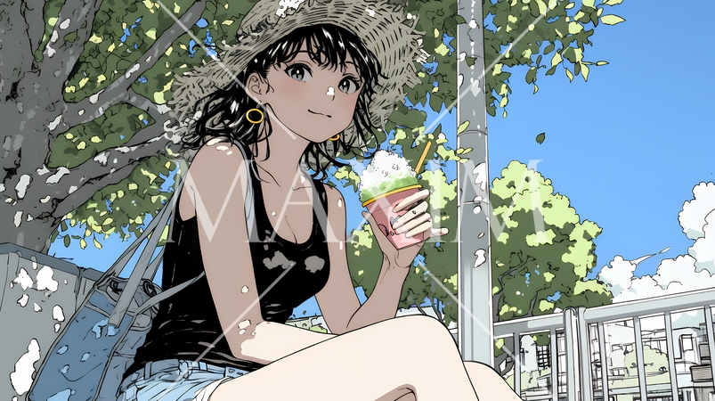 夏空の下でかき氷をたべる若い女性