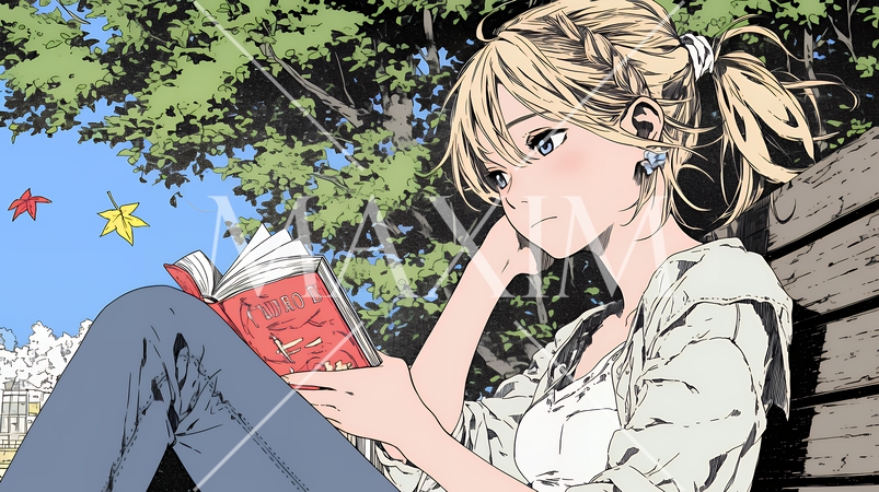 読書の秋：紅葉の木の下で本を読んでいる若い女性