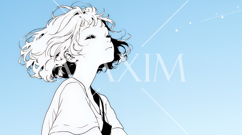 ぼんやり空を見上げている若い女性（シンプルな色使い）