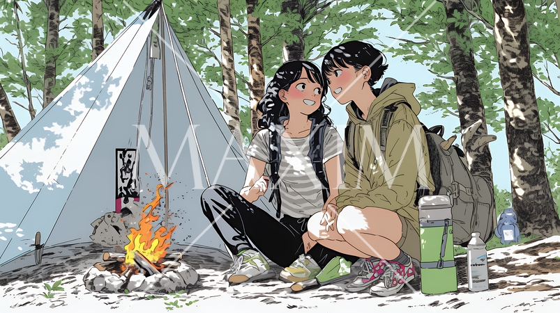 女友達と一緒にテントキャンプを楽しむ若い女性