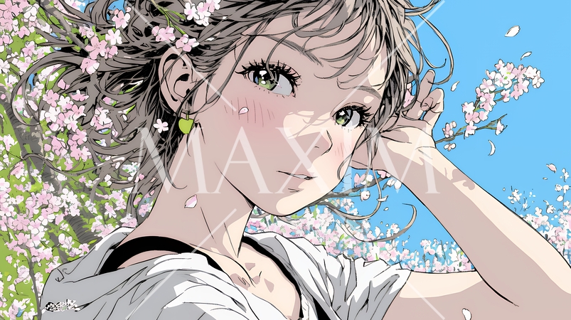 満開の桜の下、春風に乱れた髪を整える若い女性