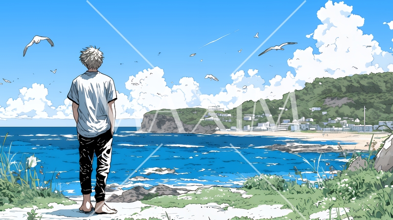 潮風の心地よさを満喫している若い男性