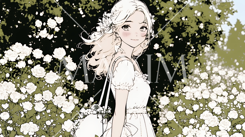 バラ園を散策している若い女性（シンプルな色使い）