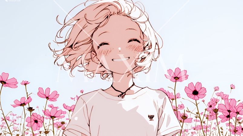 コスモス畑にいる若い女性（シンプルな色使い）