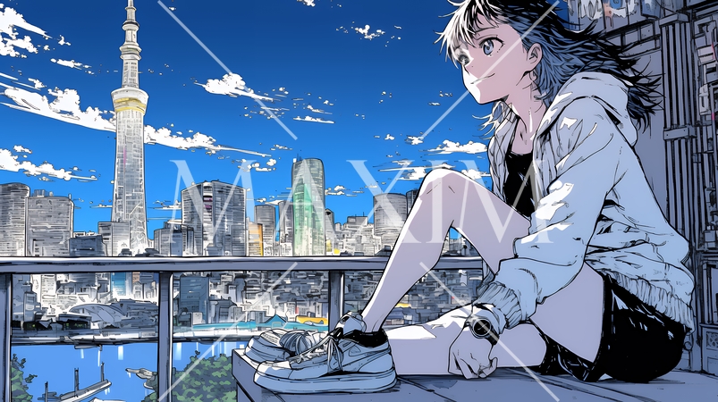 都市の夜景を眺めている女性