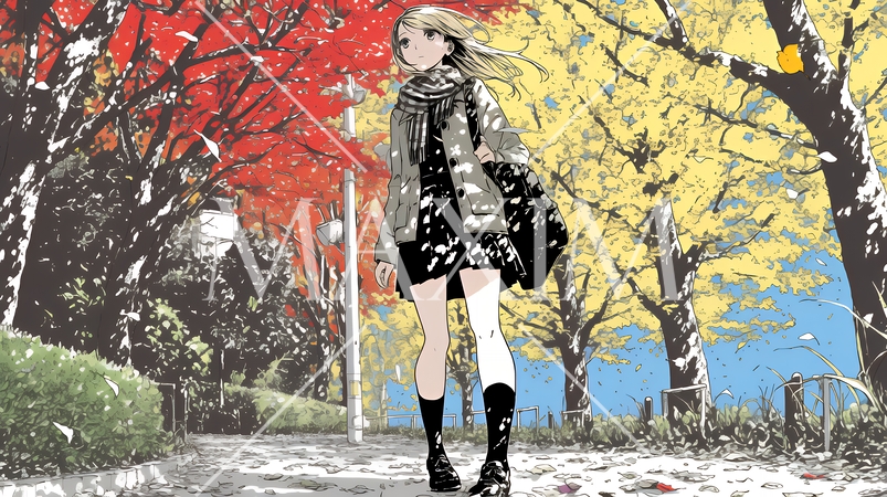 水辺の紅葉の小径を散策している若い女性