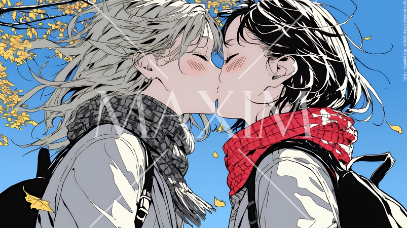 秋の紅葉の下でキスをしている若い恋人たち